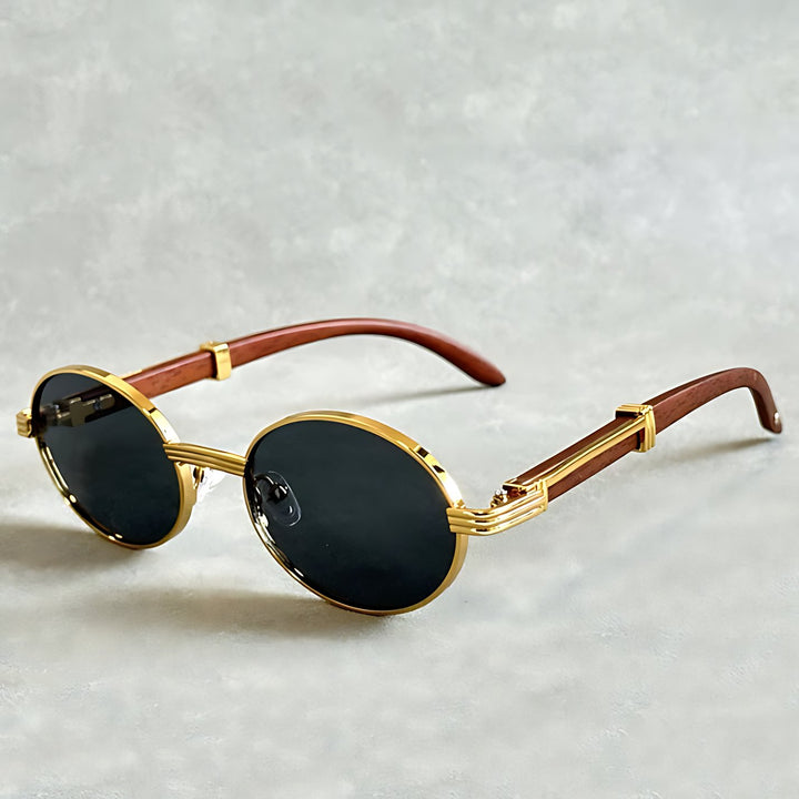 Sunglasses Round Gold Frame Designer UV400 Protection - Black Shade