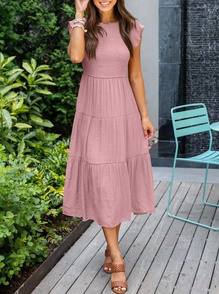 Tiered Maxi Dress Cap Sleeve Tummy Control