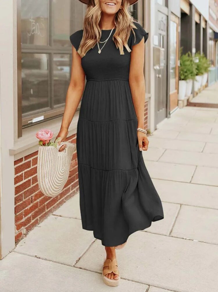 Tiered Maxi Dress Cap Sleeve Tummy Control