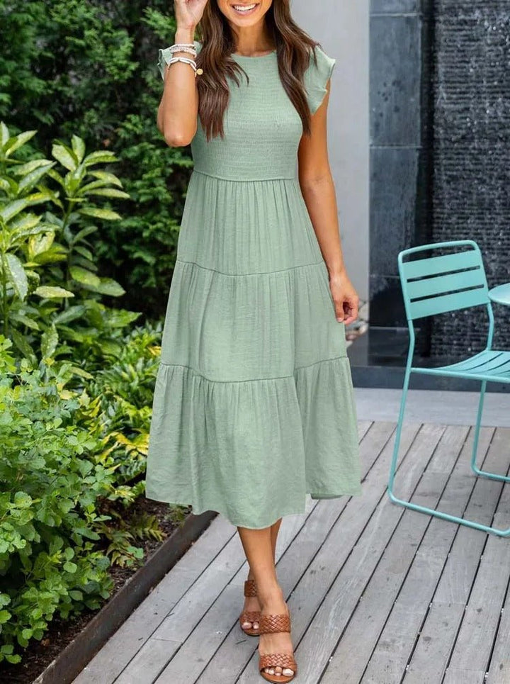 Tiered Maxi Dress Cap Sleeve Tummy Control - Light green