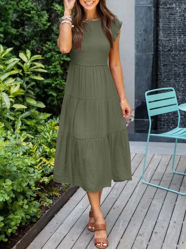 Tiered Maxi Dress Cap Sleeve Tummy Control