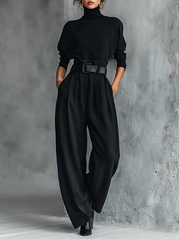 Turtleneck Jumpsuit Set Long Sleeve High Waist Belt - Black