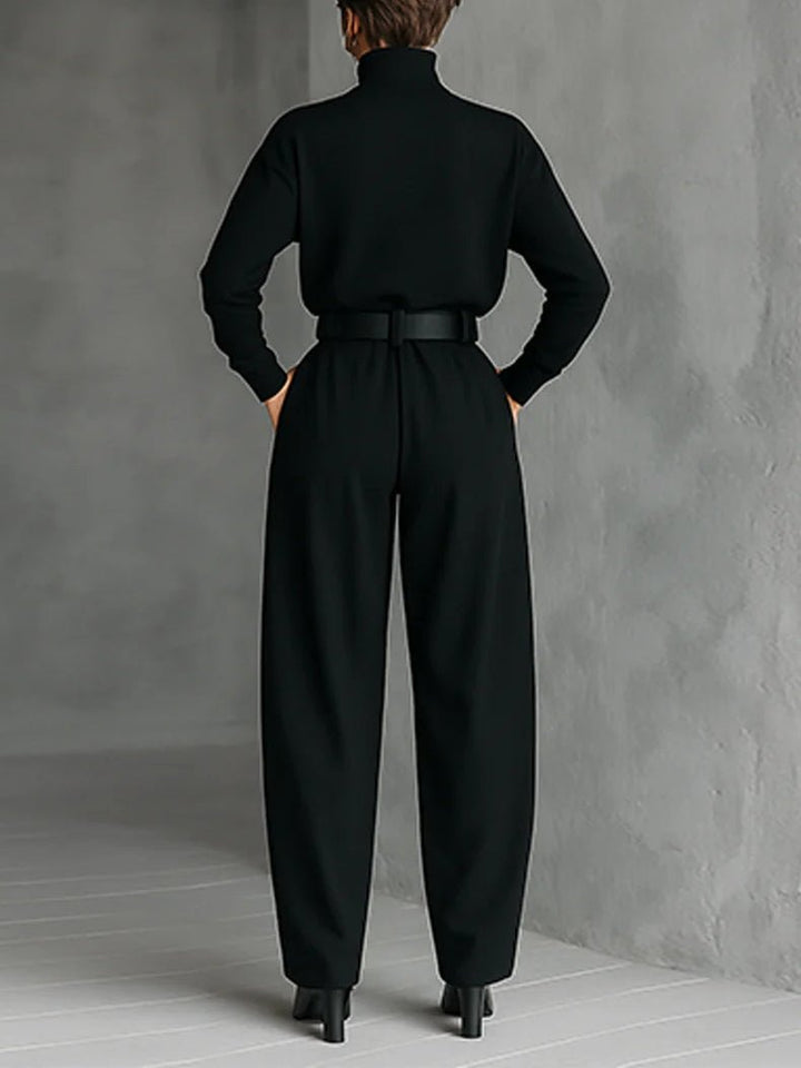 Turtleneck Jumpsuit Set Long Sleeve High Waist Belt