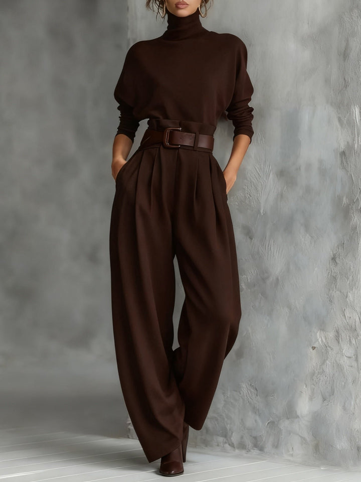 Turtleneck Jumpsuit Set Long Sleeve High Waist Belt - Brown