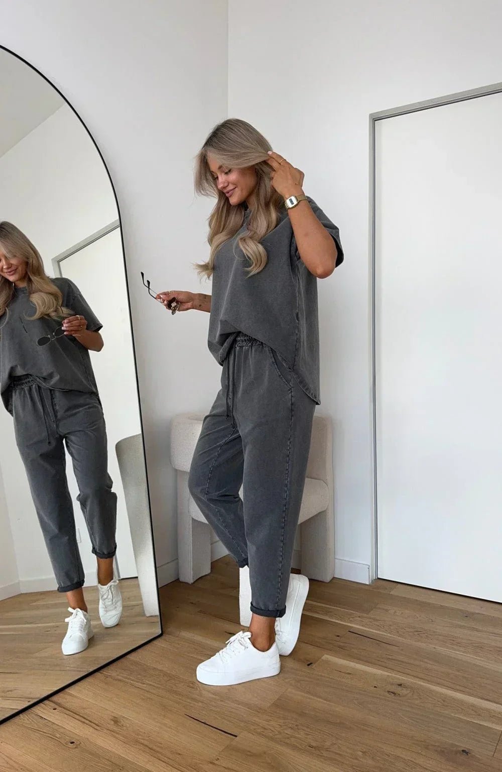 Two Piece Cotton Set Oversized T-Shirt and Shorts Lounge - Gray