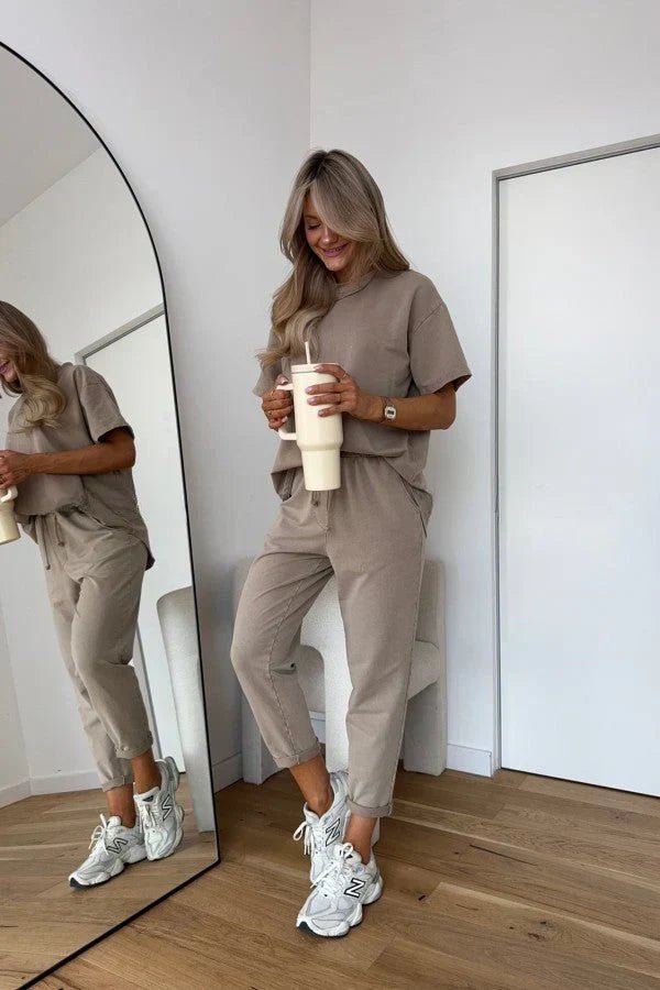 Two Piece Cotton Set Oversized T-Shirt and Shorts Lounge - Beige
