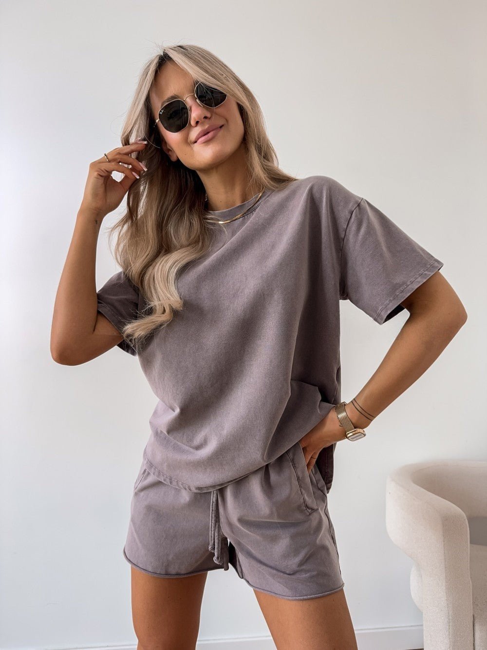 Two Piece Cotton Set Oversized T-Shirt and Shorts Lounge - Chocolate