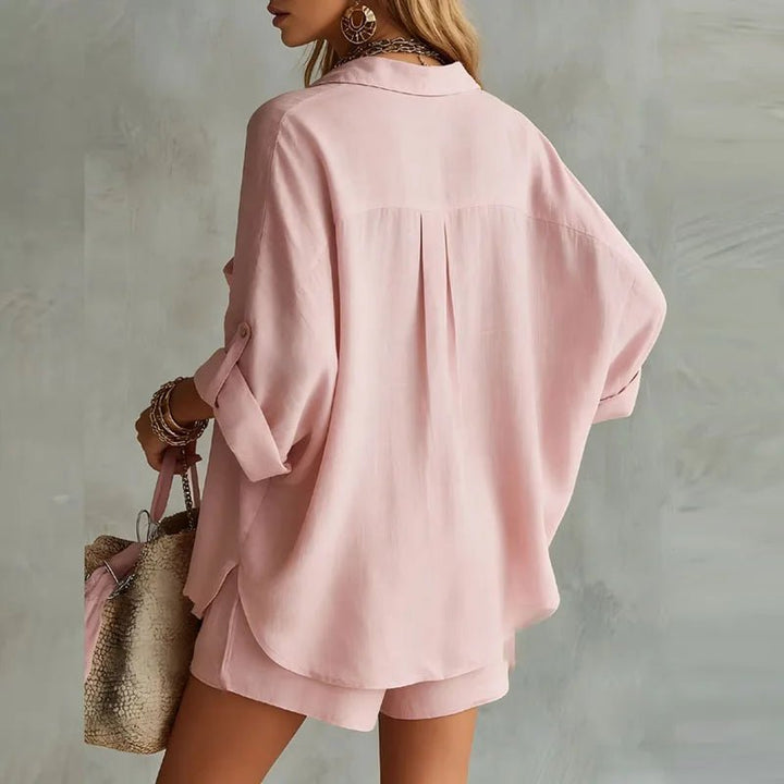 Two Piece Linen Set Button Down Shirt Elastic Waist Shorts