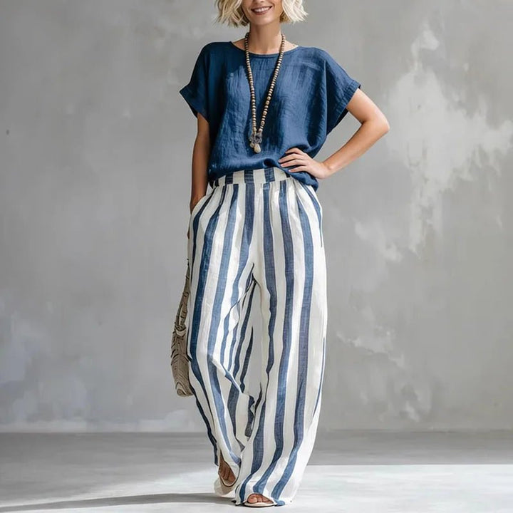 Two Piece Linen Set Wide Leg Pants Short Sleeve Top - Dark Blue