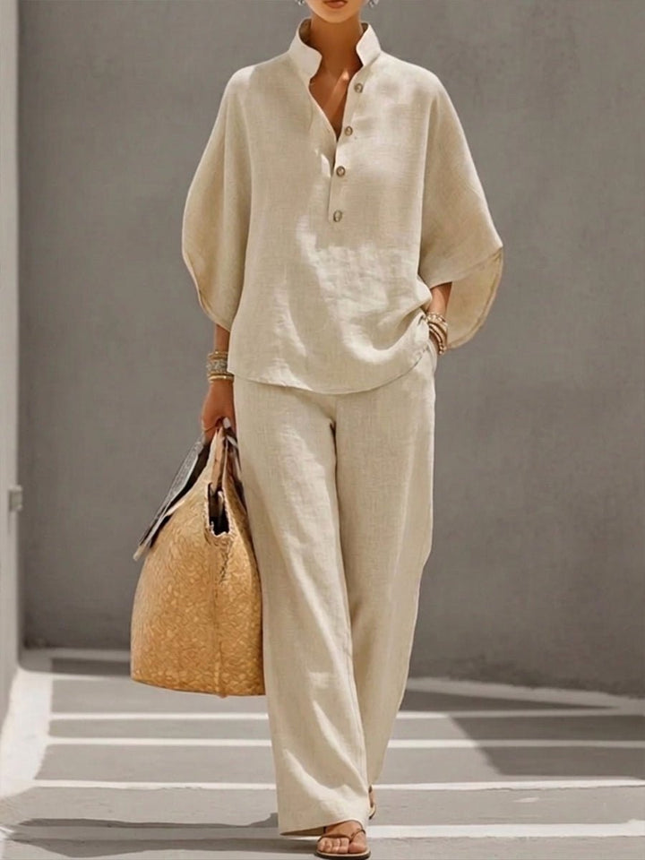 Two Piece Set Batwing Top Wide Leg Pants Elastic Waist - Beige