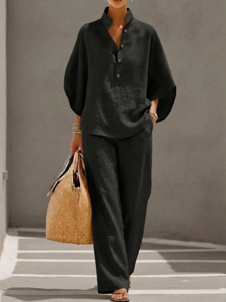 Two Piece Set Batwing Top Wide Leg Pants Elastic Waist - Black