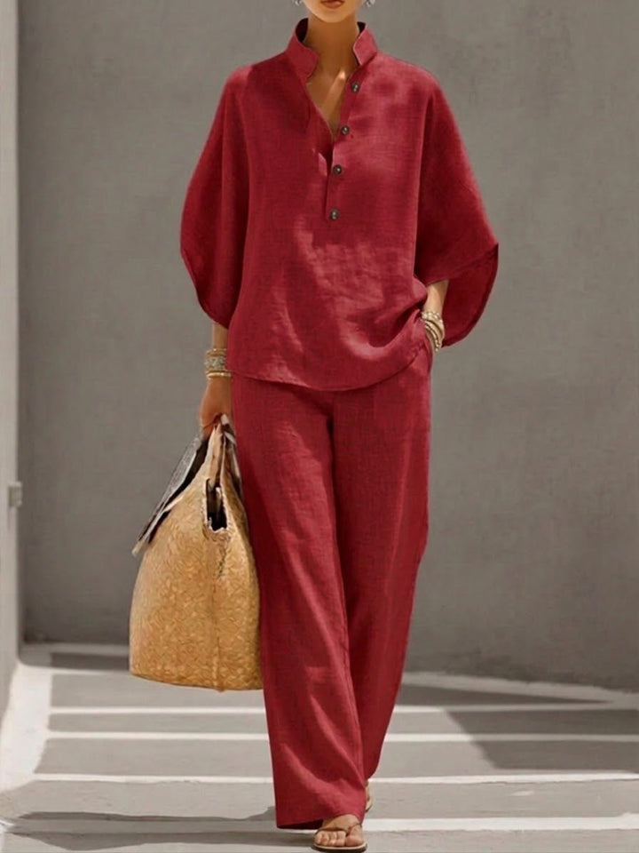 Two Piece Set Batwing Top Wide Leg Pants Elastic Waist - Red