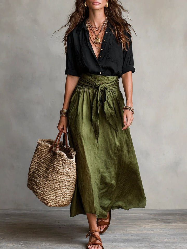 Two Piece Set Button Shirt High Waist Midi Skirt - Schwarz Grün