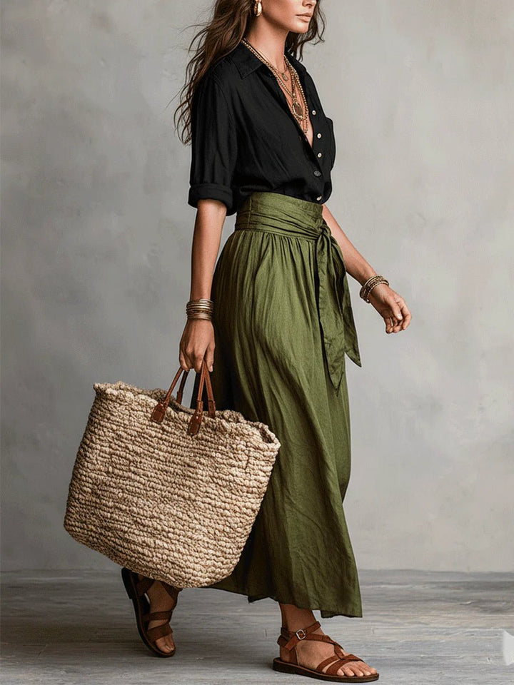 Two Piece Set Button Shirt High Waist Midi Skirt