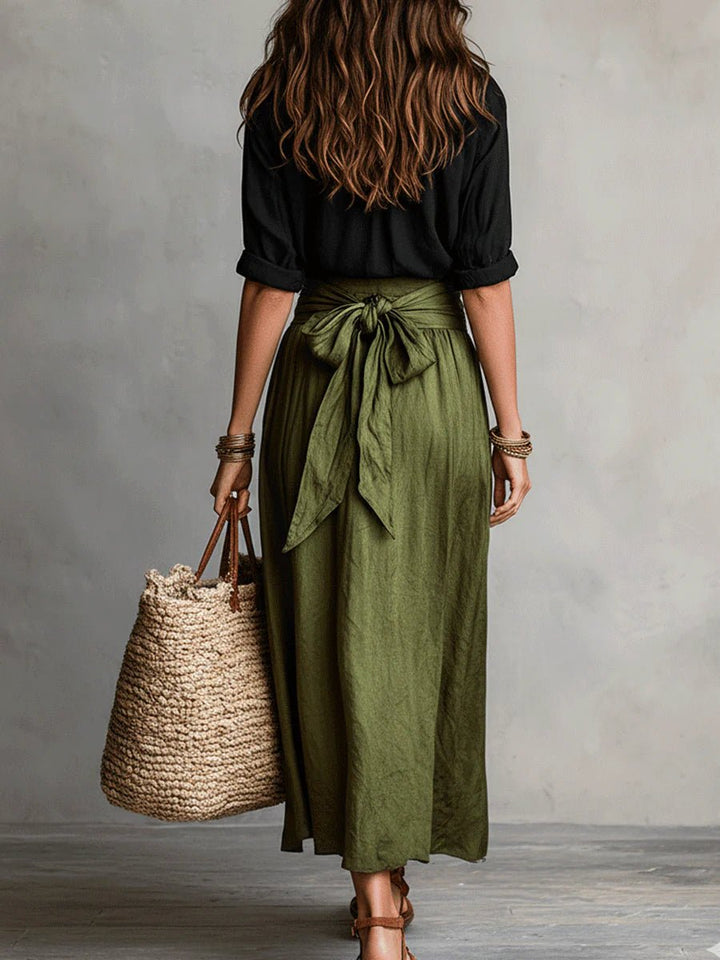 Two Piece Set Button Shirt High Waist Midi Skirt
