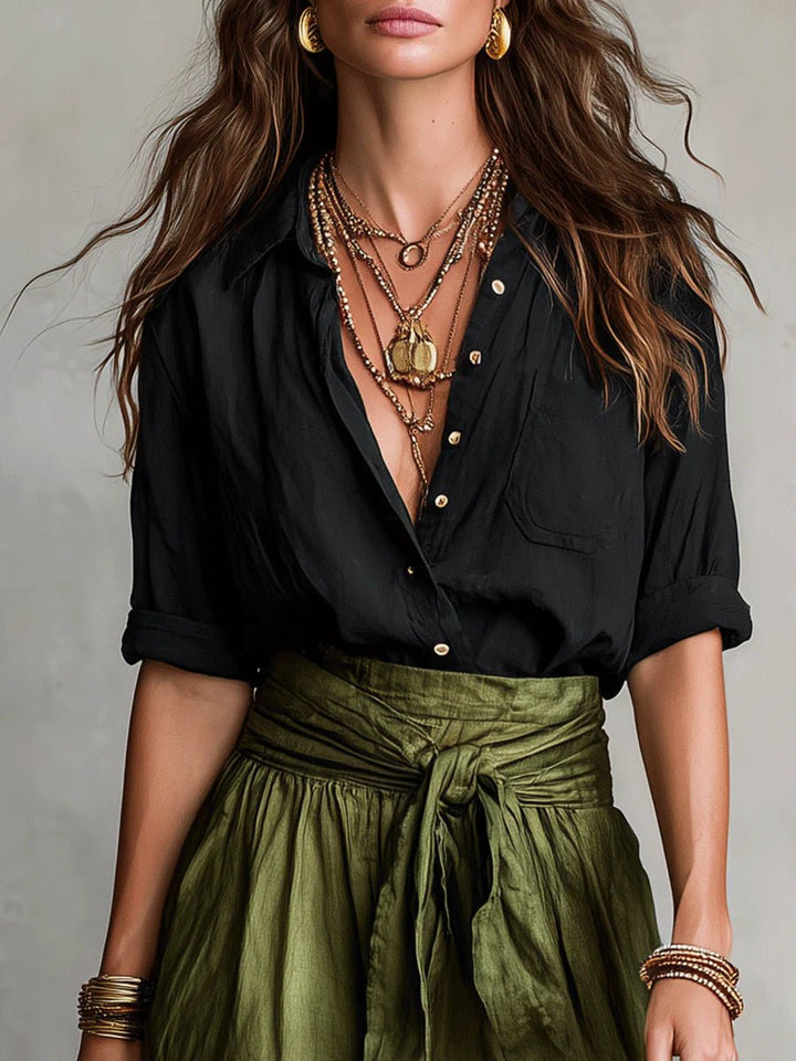 Two Piece Set Button Shirt High Waist Midi Skirt