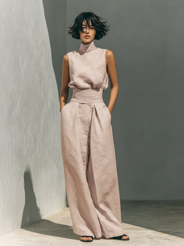 Two Piece Set Sleeveless Top Wide Leg Pants Linen - Hellrosa