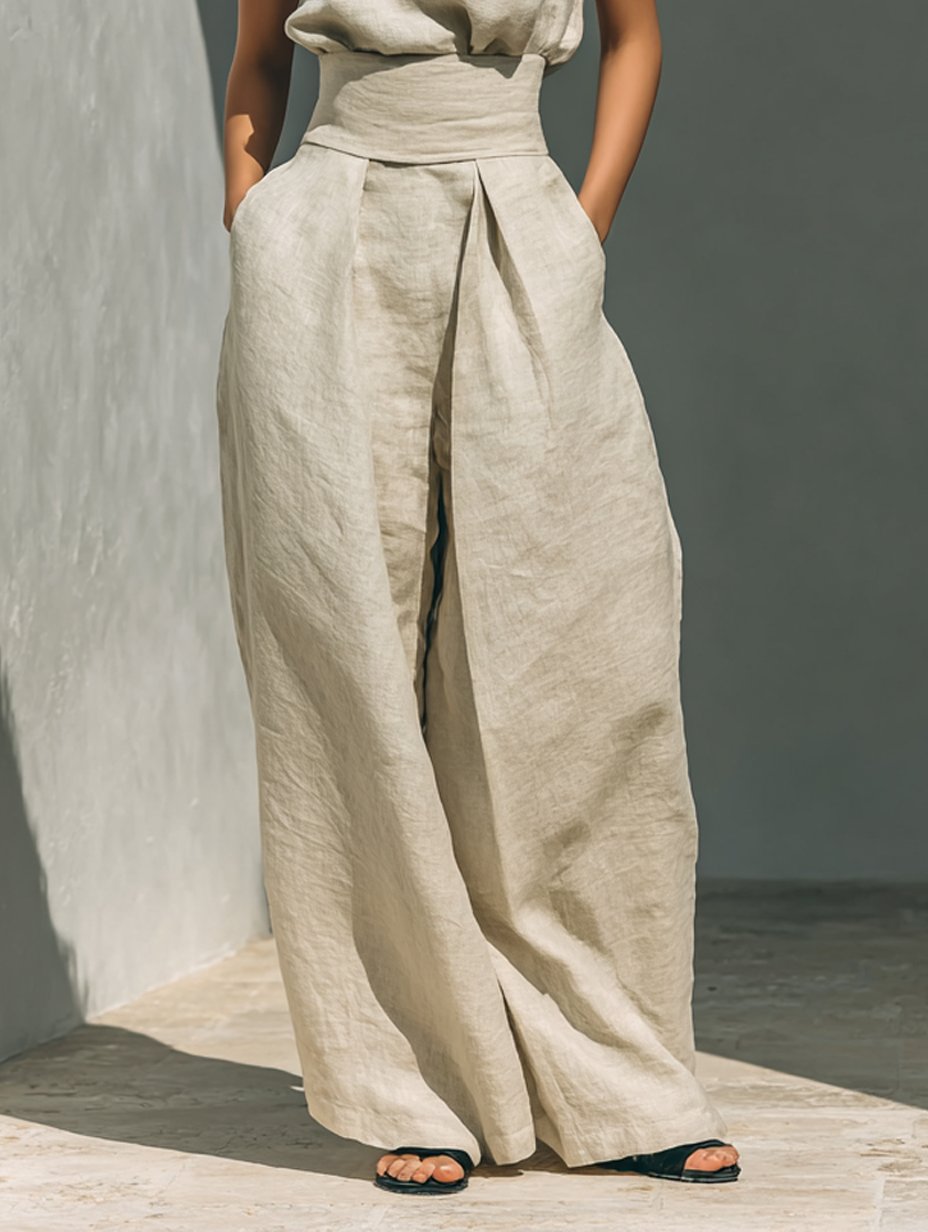 Two Piece Set Sleeveless Top Wide Leg Pants Linen