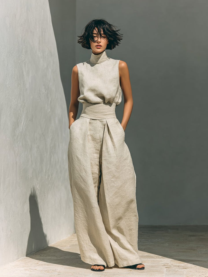 Two Piece Set Sleeveless Top Wide Leg Pants Linen