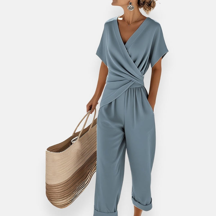 Two-Piece Set Wrap Top Wide-Leg Pants Draped Bow - Blue