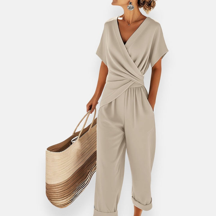 Two-Piece Set Wrap Top Wide-Leg Pants Draped Bow - Beige