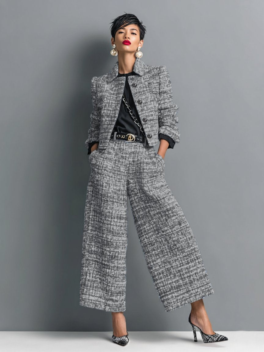 Two Piece Tweed Set Cropped Jacket Wide Leg Pants - Schwarz