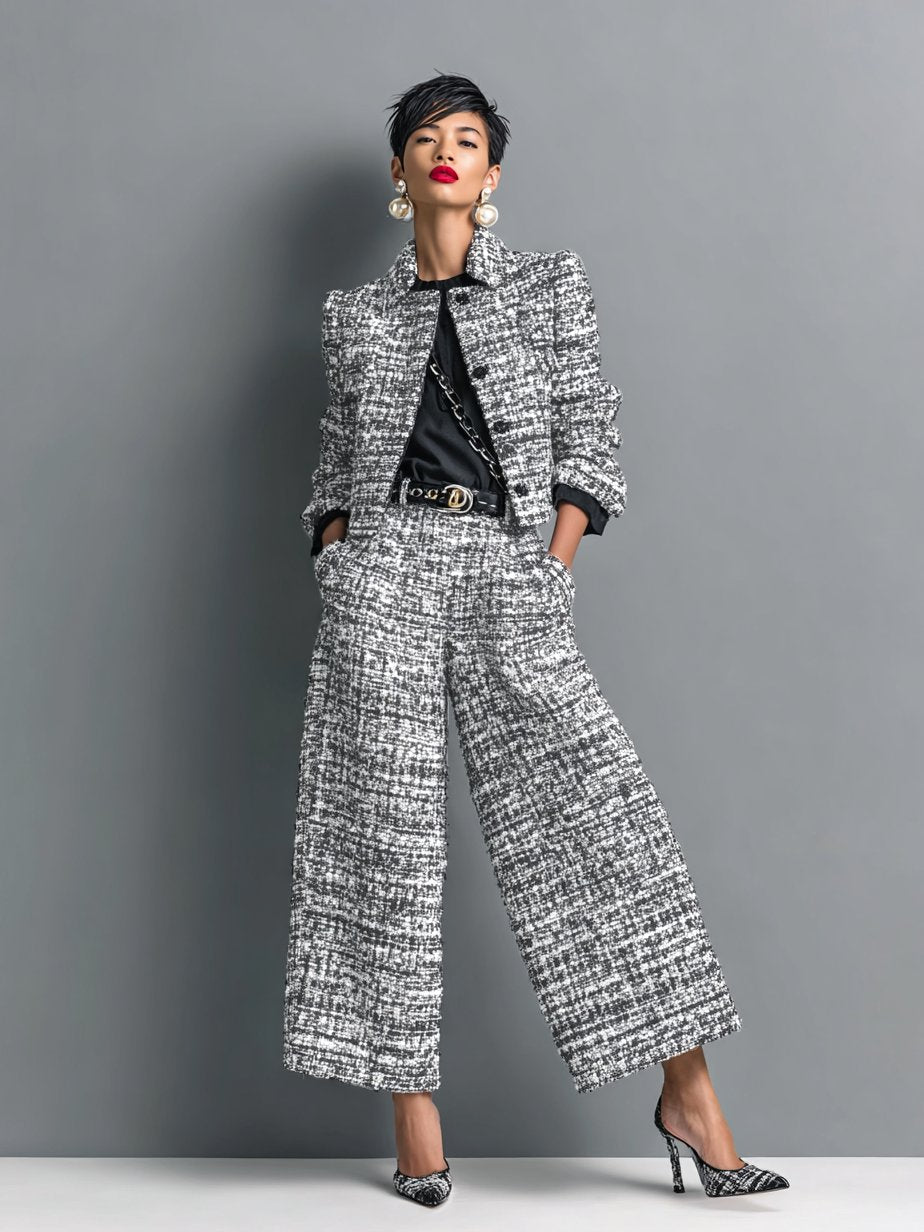 Two Piece Tweed Set Cropped Jacket Wide Leg Pants - Grau