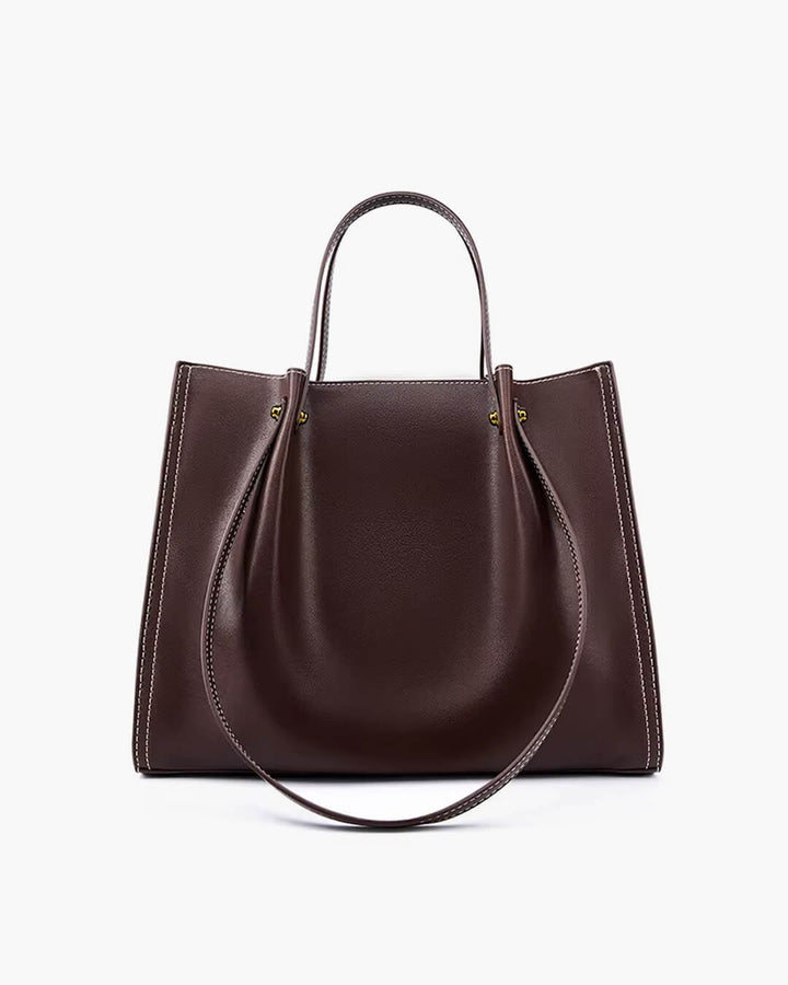 Vegan Leather Minimalist Contrast-Stitch Tote Bag