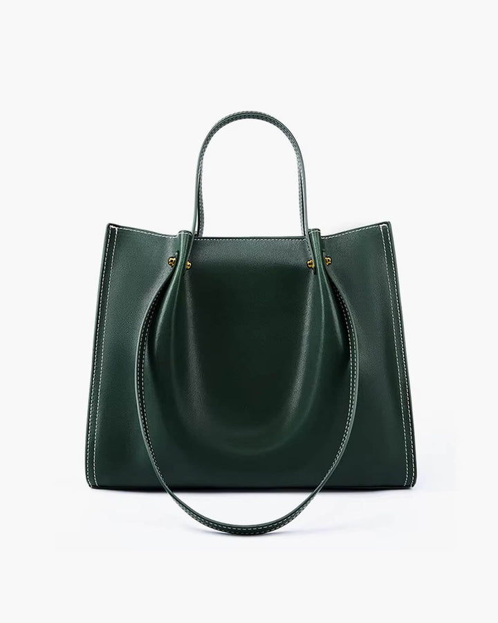 Vegan Leather Minimalist Contrast-Stitch Tote Bag - Green