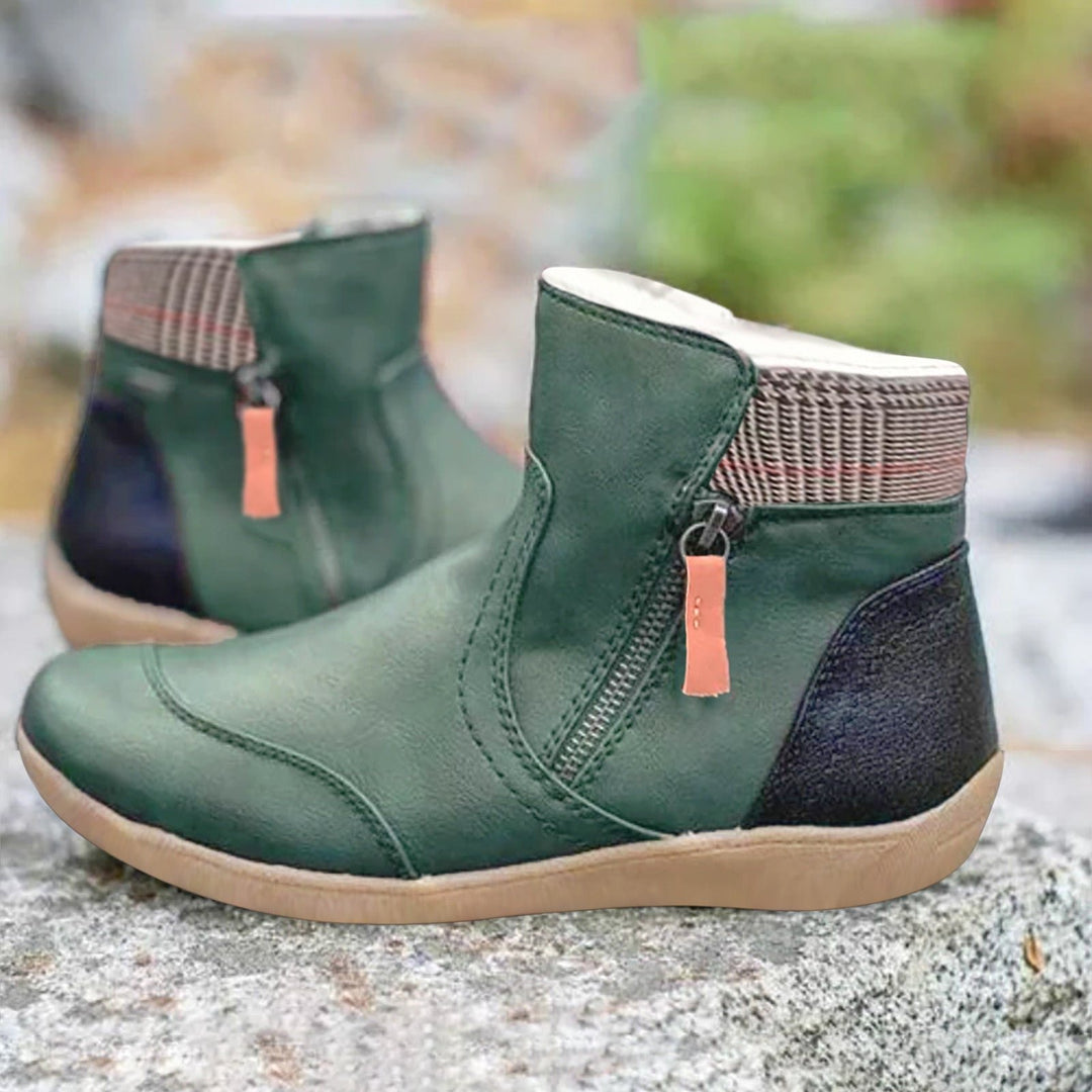 Waterproof Boots Ankle Leather Zipper Green Women's - Green