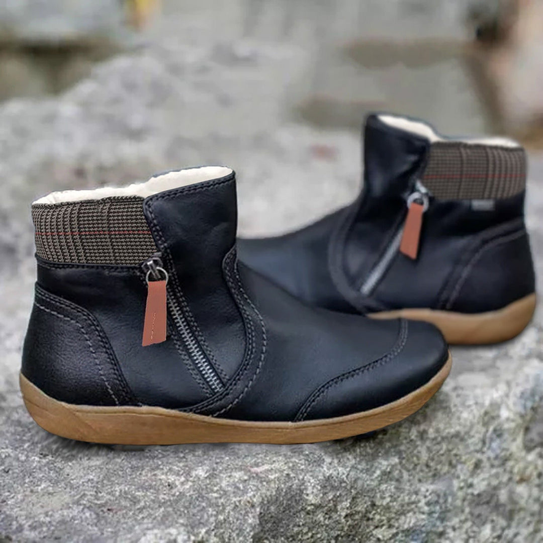 Waterproof Boots Ankle Leather Zipper Green Women's - Black