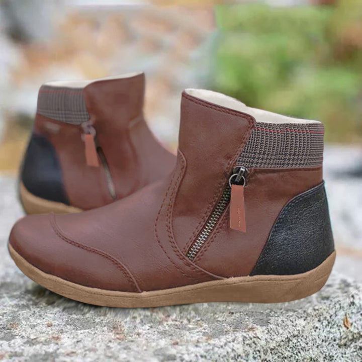 Waterproof Boots Ankle Leather Zipper Green Women's - Brown