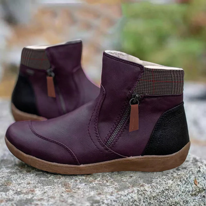Waterproof Boots Ankle Leather Zipper Green Women's - Purple