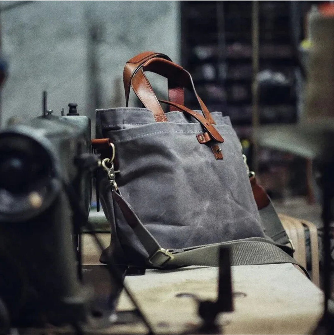 Waxed Canvas Leather-Trim Weather-Resistant Tote Bag