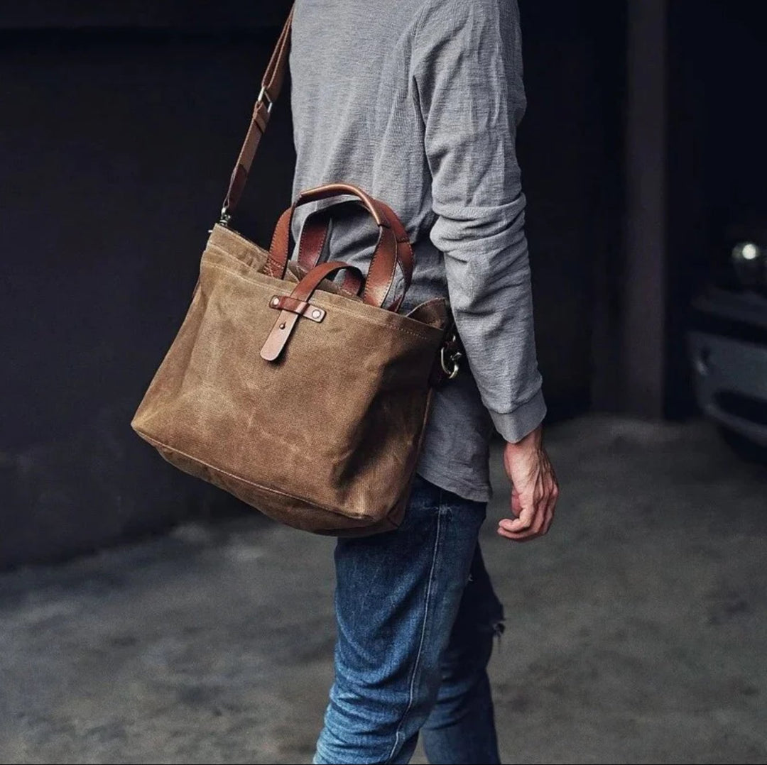 Waxed Canvas Leather-Trim Weather-Resistant Tote Bag