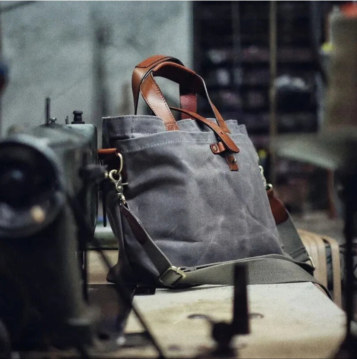 Waxed Canvas Tote Bag Leather-Trim Water-Resistant Crossbody