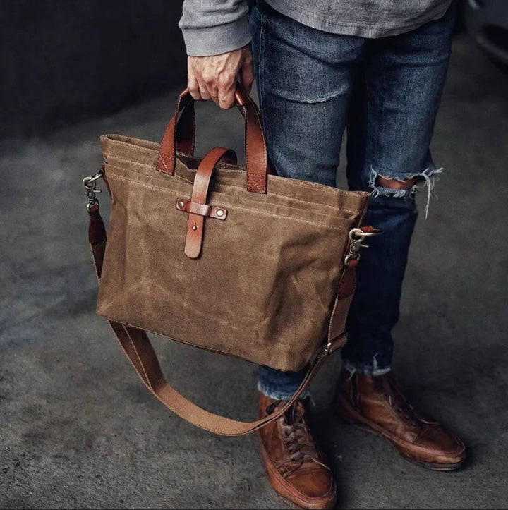 Waxed Canvas Tote Bag Leather-Trim Water-Resistant Crossbody