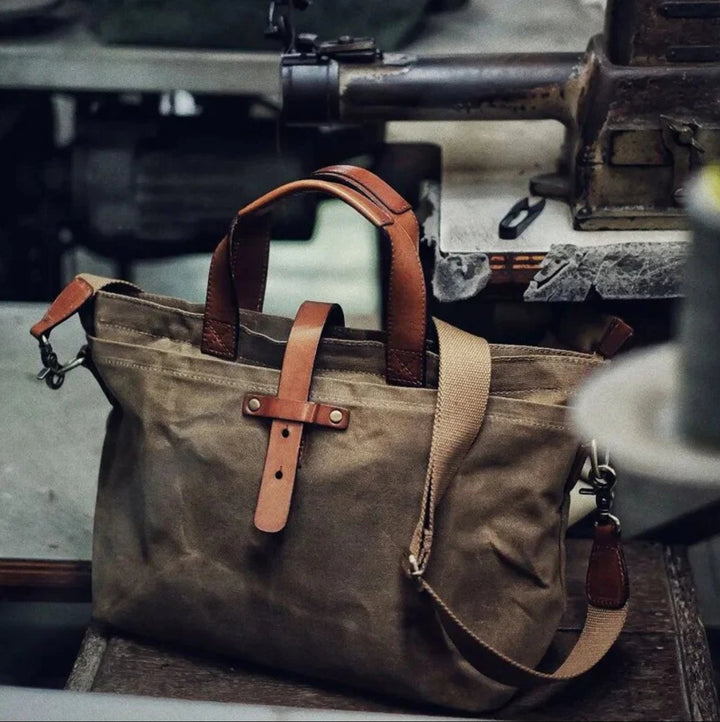 Waxed Canvas Tote Bag Leather-Trim Water-Resistant Crossbody