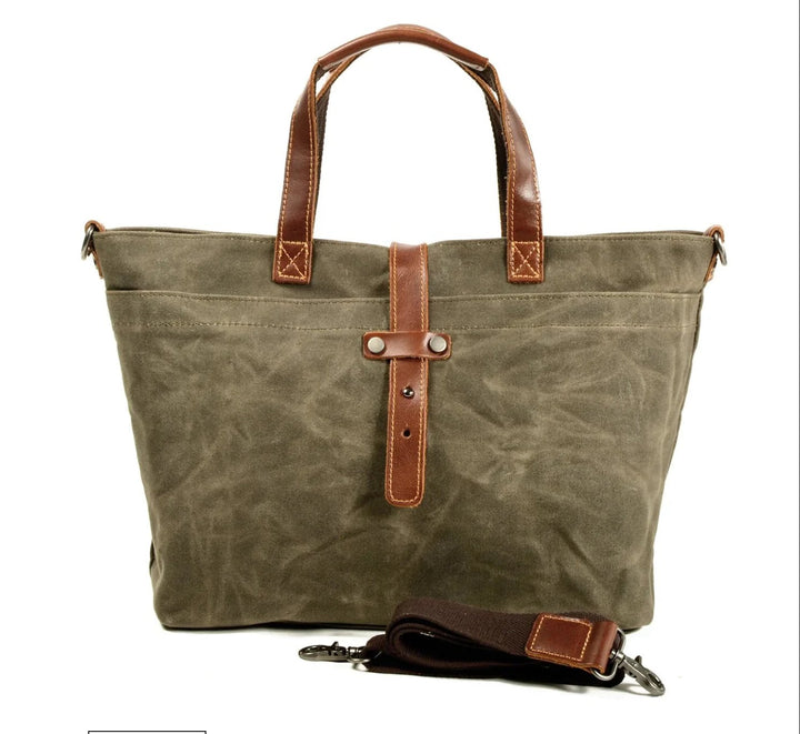Waxed Canvas Tote Bag Leather-Trim Water-Resistant Crossbody - Salbeiholz