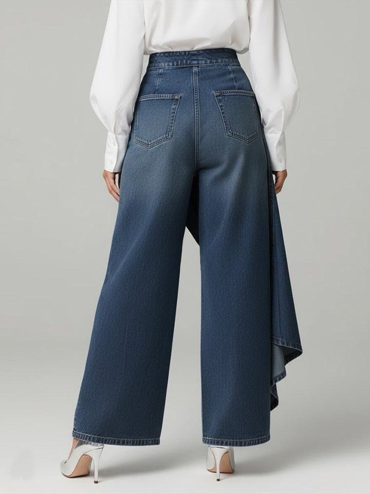 Wide Leg Denim Pants High-Waisted Button Front Relaxed Fit
