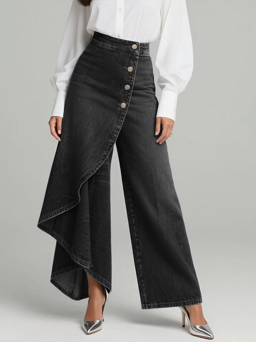 Wide Leg Denim Pants High-Waisted Button Front Relaxed Fit - Schwarz