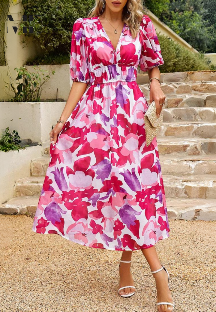 Jasmine | Women's Floral V Neck Midi Wedding Guest Dress
