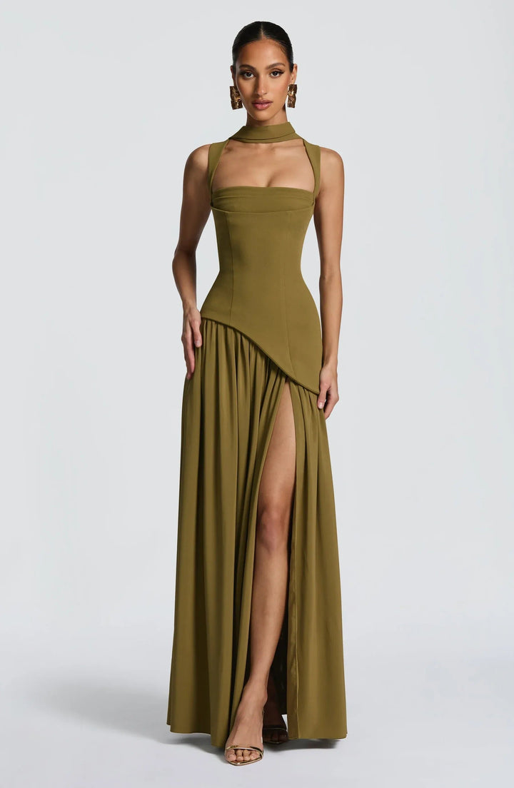 Women's A-Line Sleeveless Fitted-Waist Maxi Dress - Green