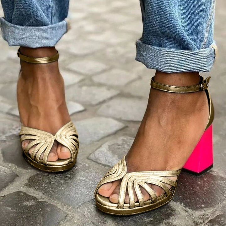 Women's Block Heel Sandals Open Toe Ankle Strap Multi-Strap - Gold