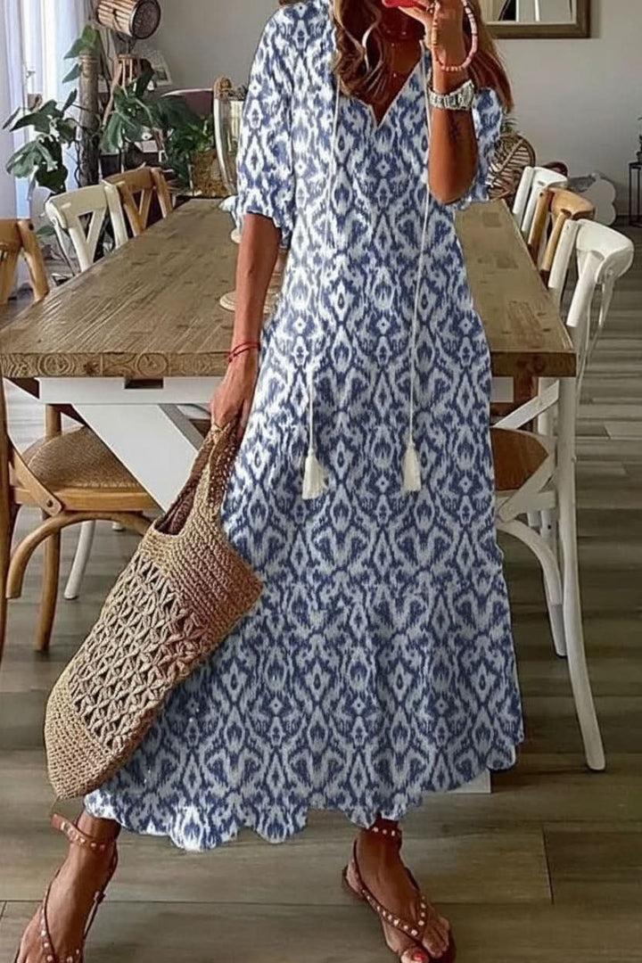 Women's Bohemian Floral V-Neck Maxi Evening Gown Dress - Light Blue