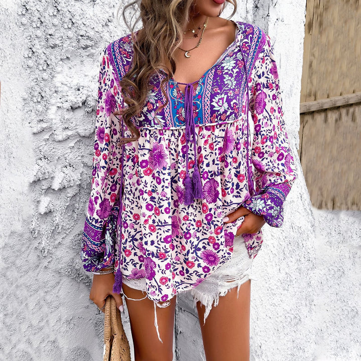 Women's Bohemian Floral V-Neck Tassel Drawstring Tunic Blouse - Lila