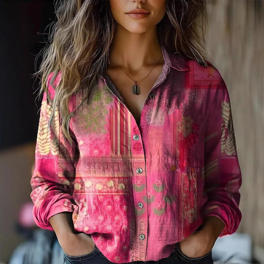 Women's Boho Floral Long Sleeve Button-Up Blouse - Pink