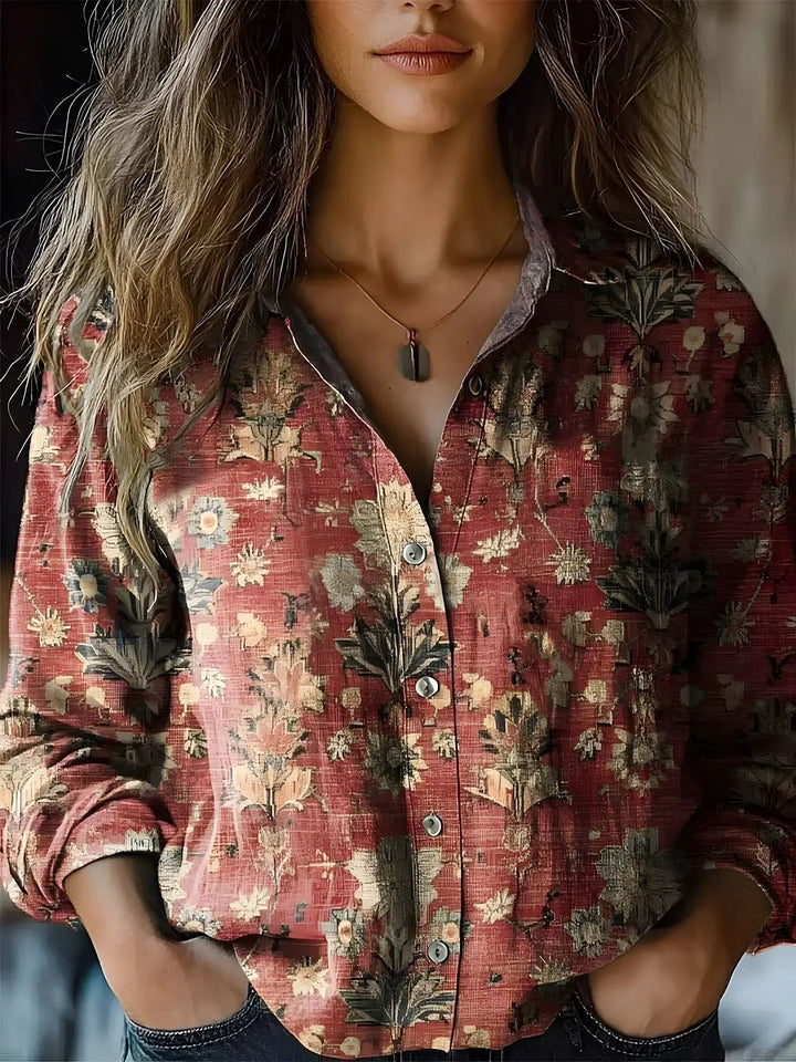 Women's Boho Floral Long Sleeve Button-Up Blouse