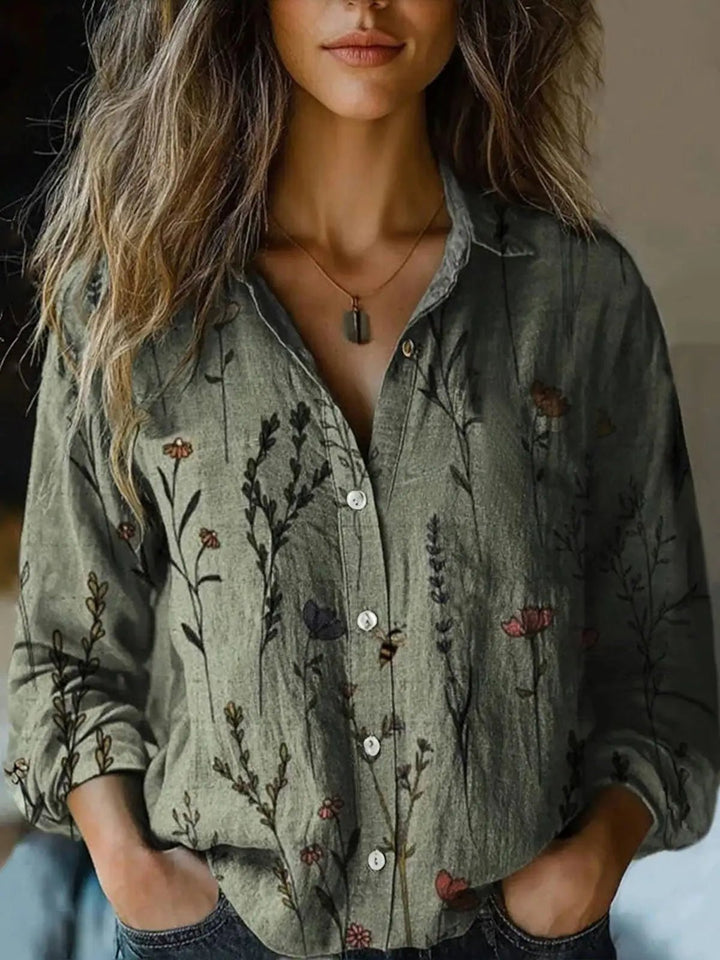 Women's Boho Floral Long Sleeve Button-Up Blouse - Olive Green