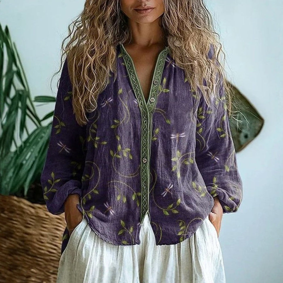 Women's Boho Linen Button-Down Cardigan Blouse Long Sleeve V-Neck - Purple